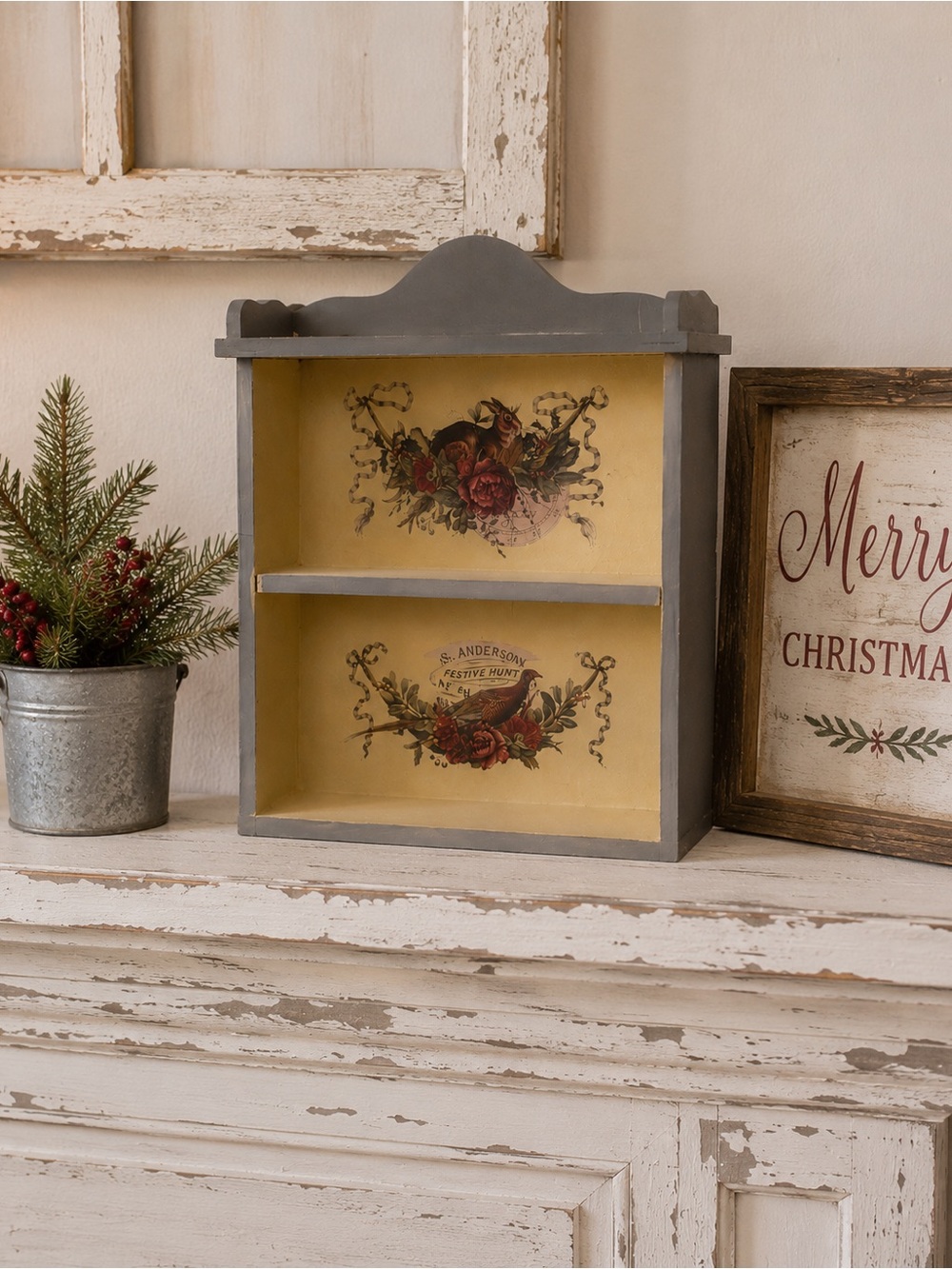 Holiday Shelf with Rustic Animal Art.